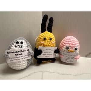Set of 3 Emotional Support Crochet Animals, Positive Crochet Bee Shark Penguin